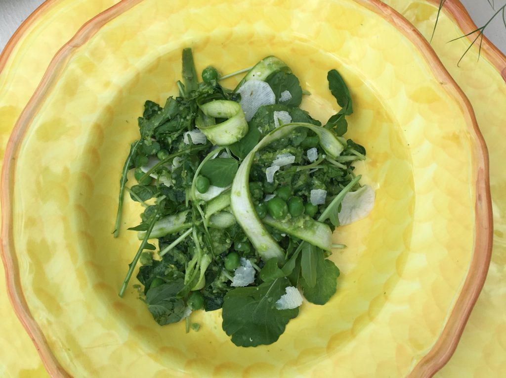 Pea Shoot & Asparagus Ribbon Salad with Asparagus-Pea Pesto